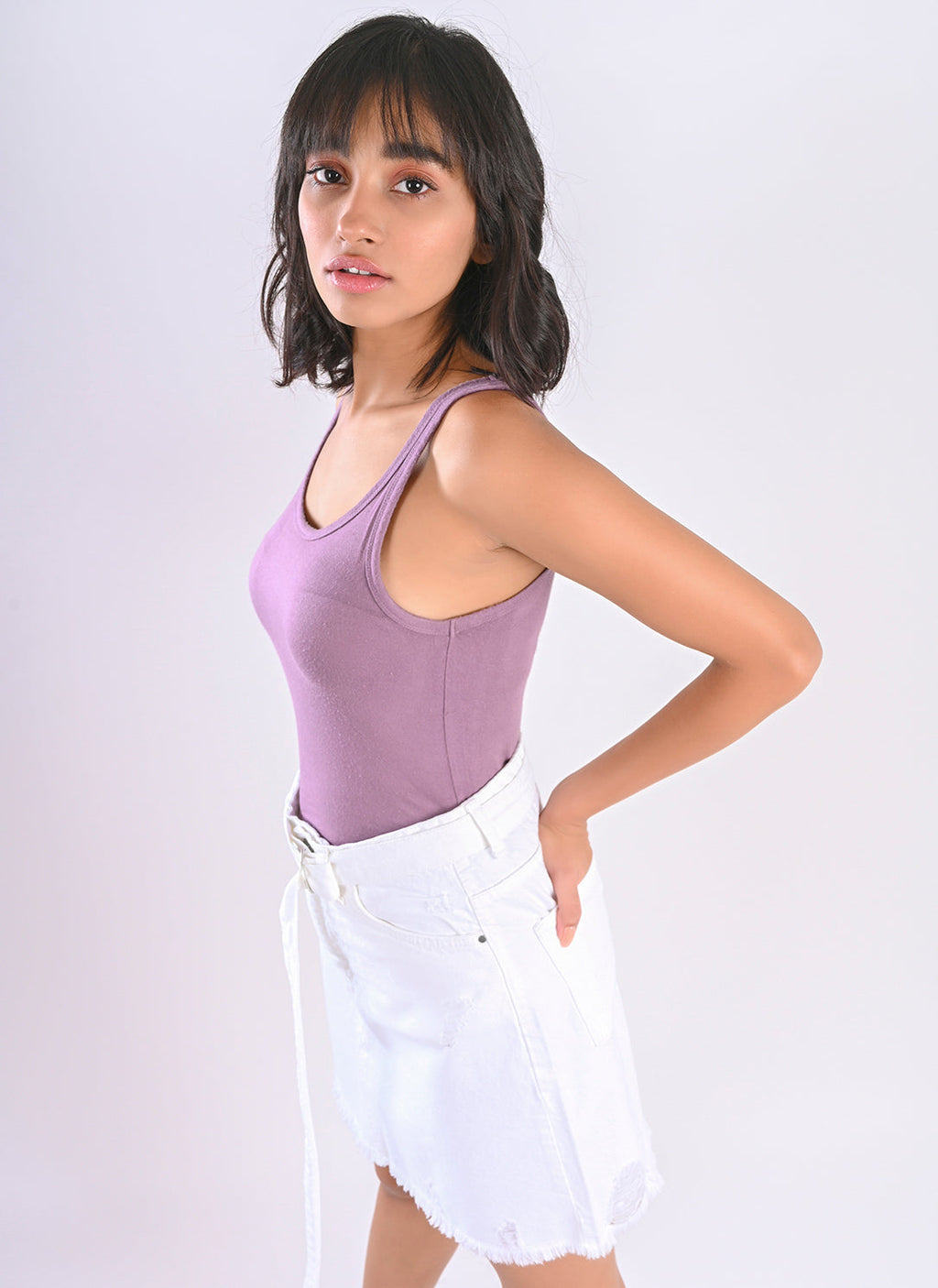 Belted Denim Skirt White