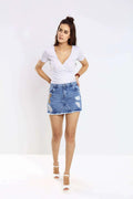 Embroidered-Printed Denim High Rise Skirt