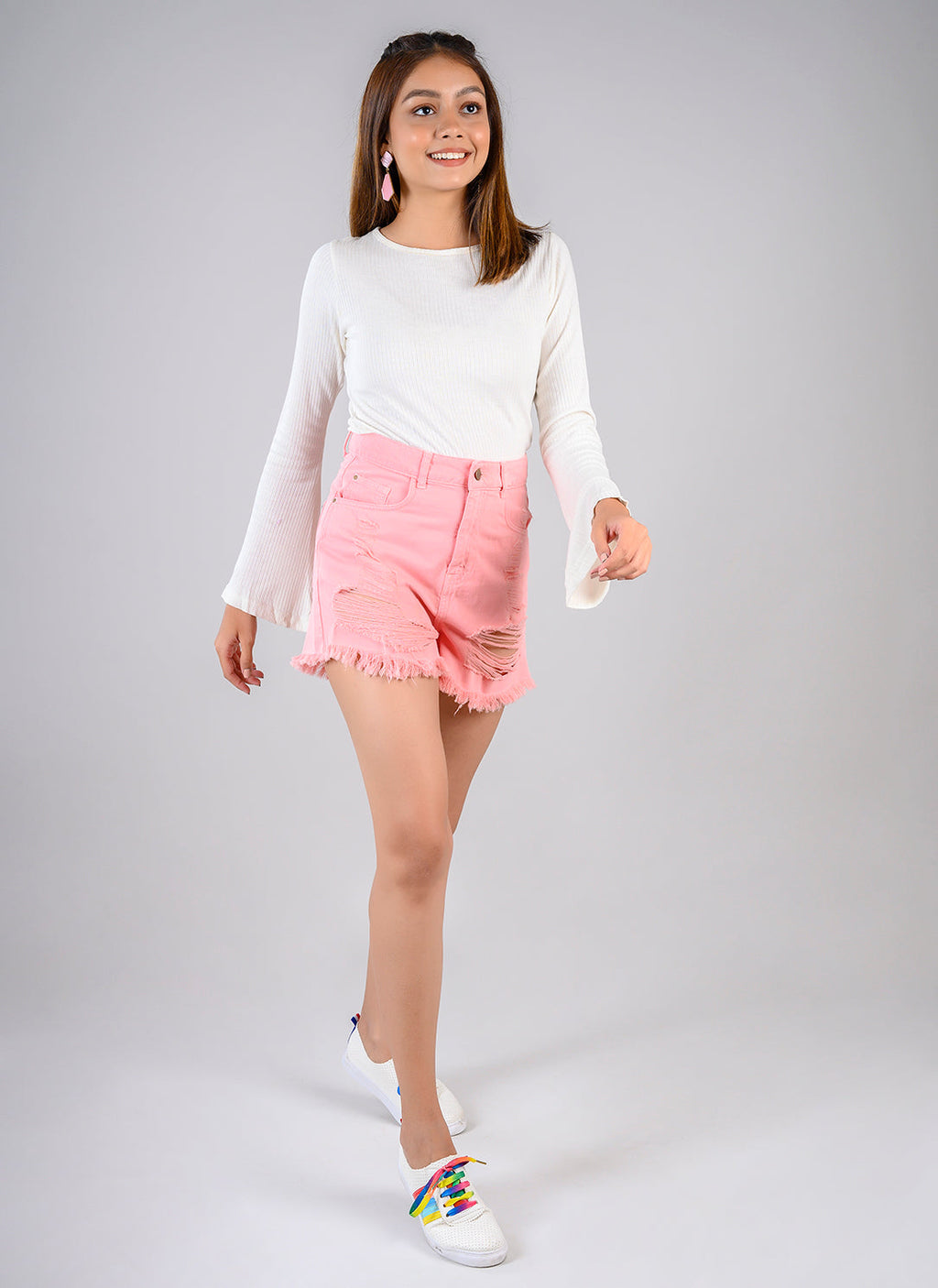 Candy Pink High Waist Distressed Shorts