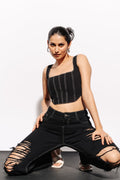 Black Contrast Women's Denim Bustier Corset Top