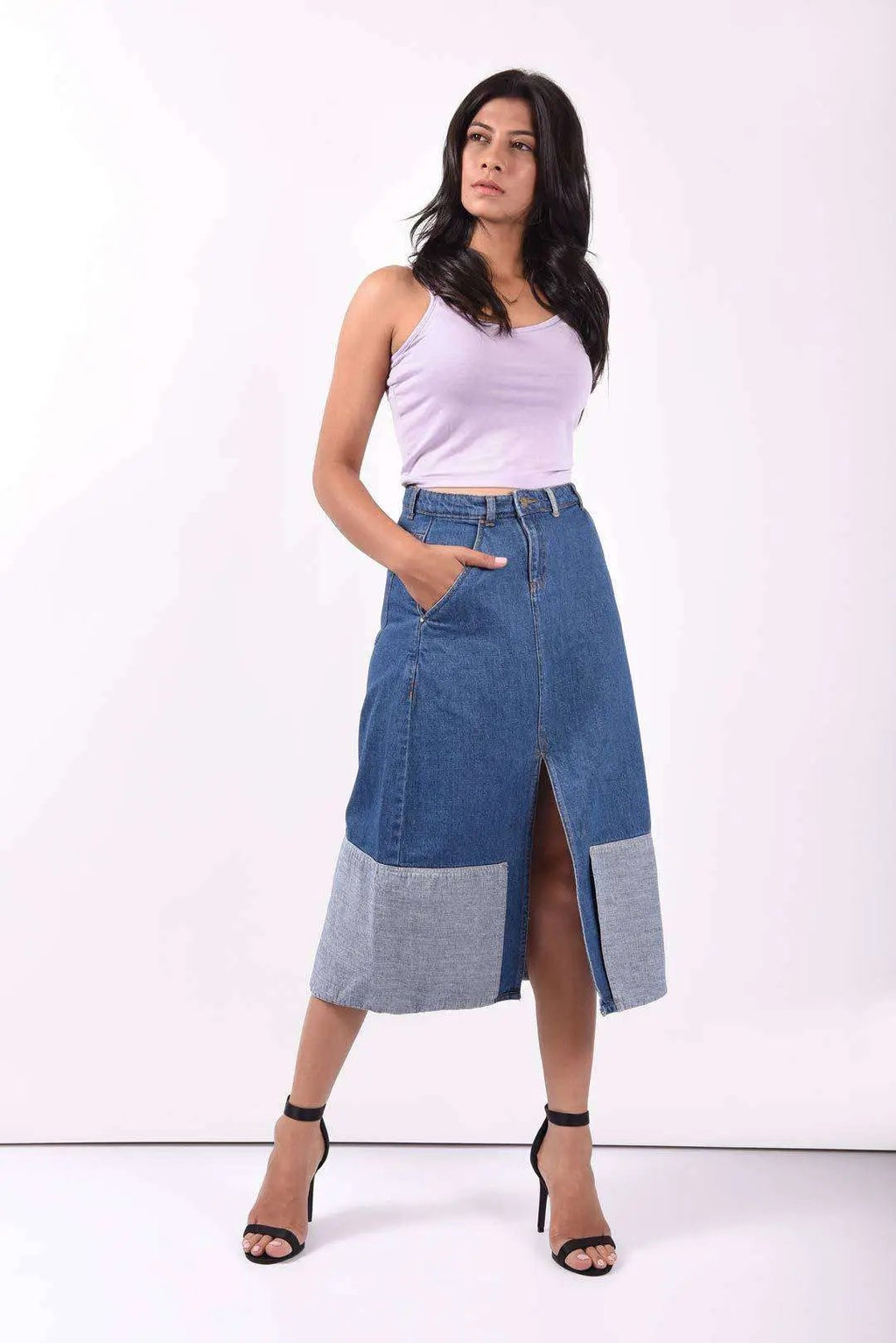Stm Reverse Paneled Denim Full Length Skirt
