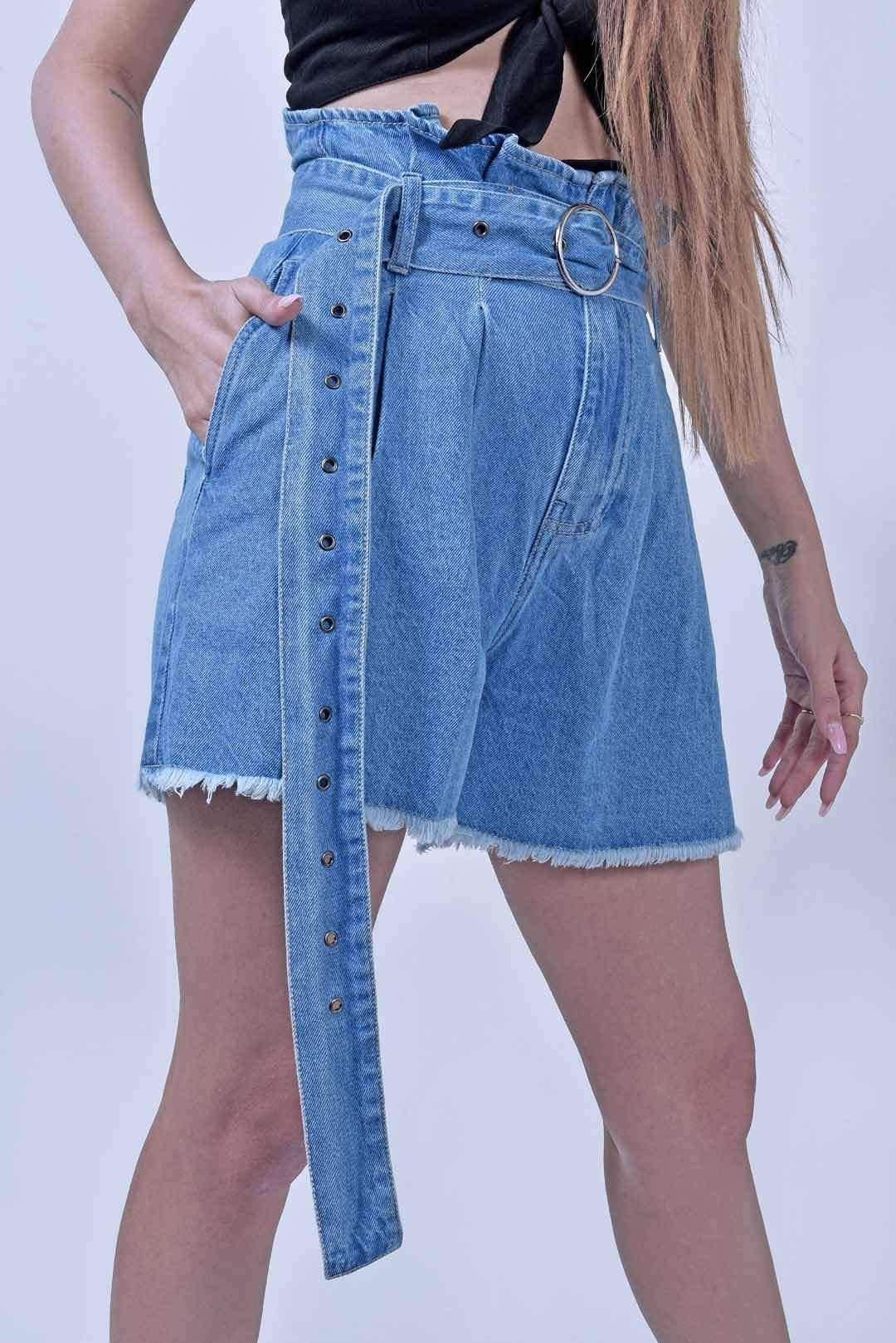 Stm High Waist Paper Bag Denim Pleated Shorts