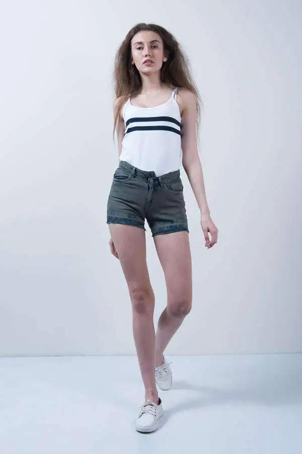 Olive Denim High Waist Button Up Shorts