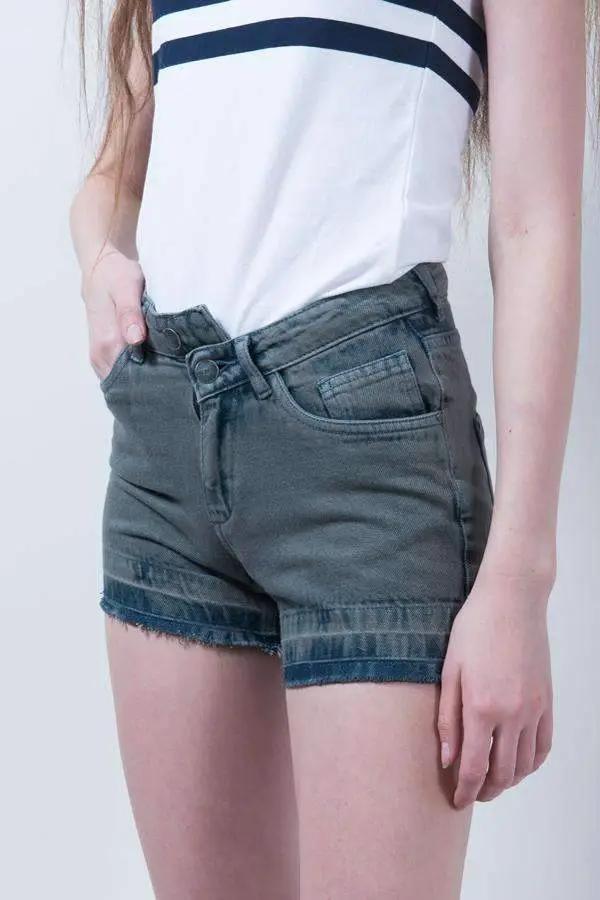 Olive Denim High Waist Button Up Shorts