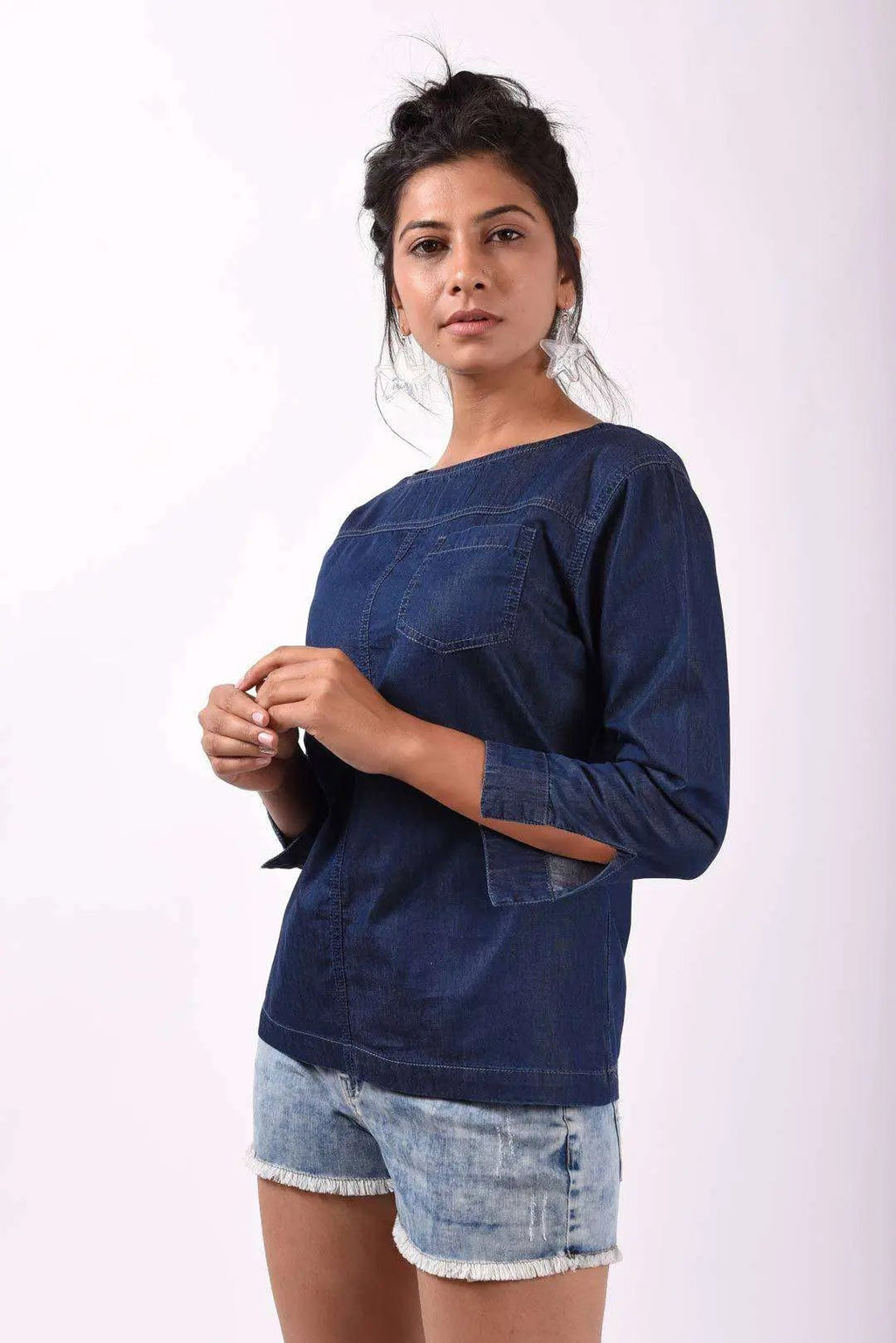 Dark Blue Boat Neck Denim Top