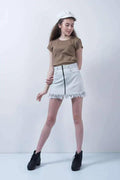 White Nep-Denim Fray Hem Skirt