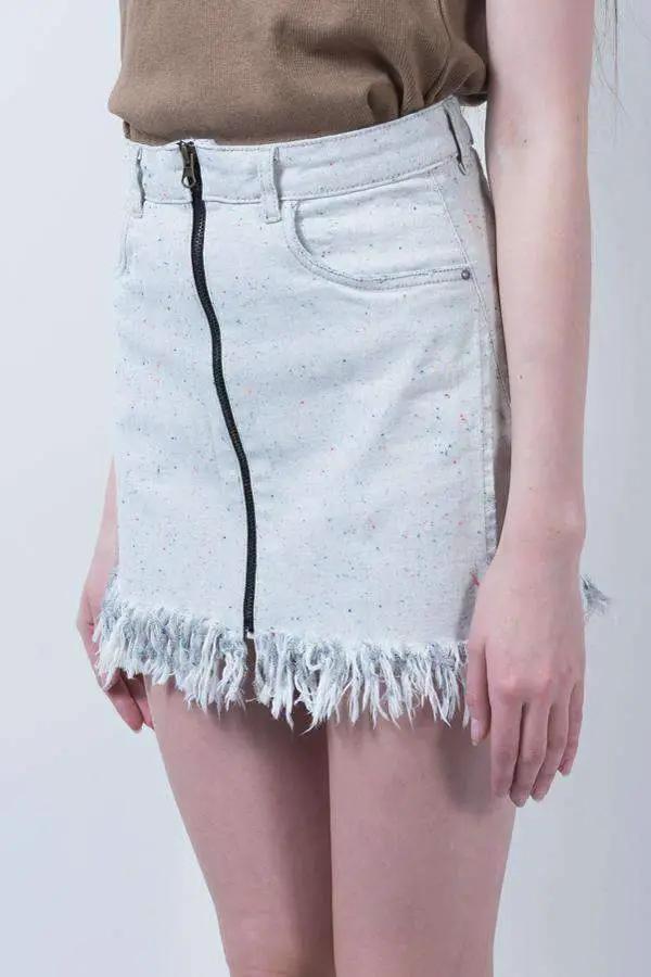 White Nep-Denim Fray Hem Skirt