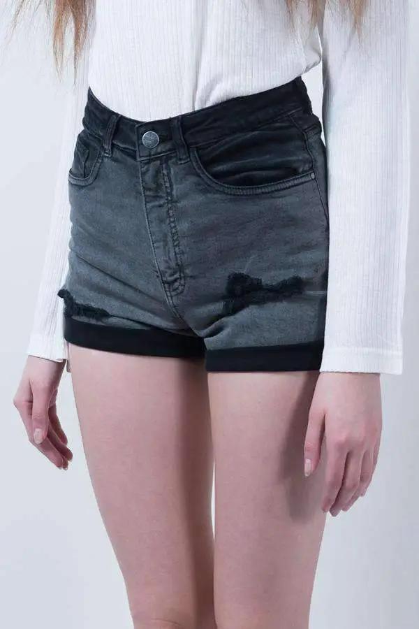 Grey Denim Overdyed High Waist Shorts