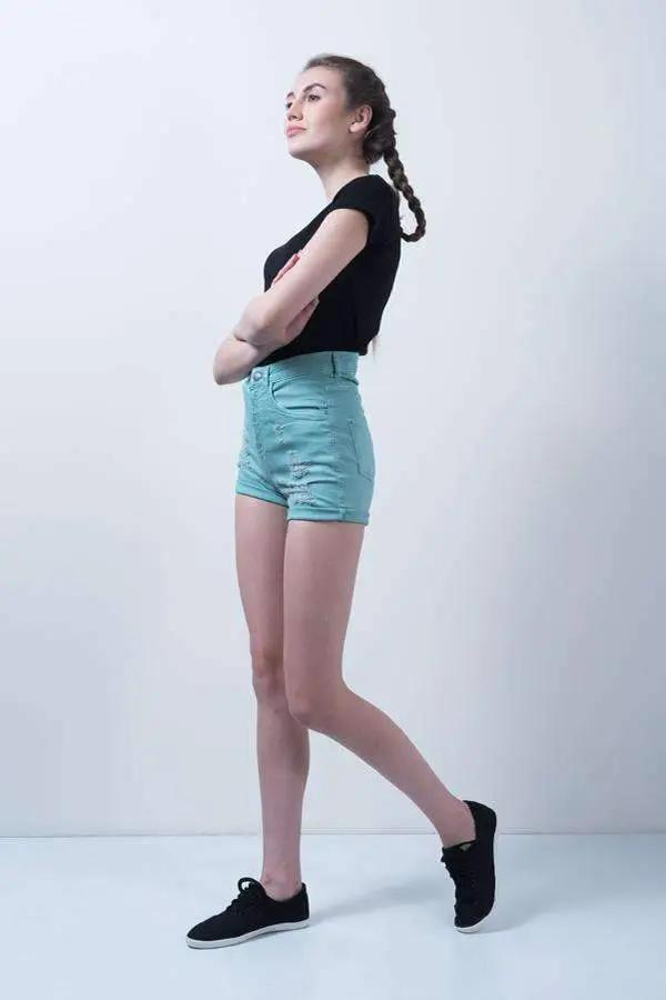 Green Distressed Denim High Waist Denim Shorts