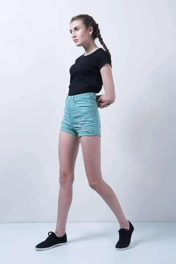 Green Distressed Denim High Waist Denim Shorts