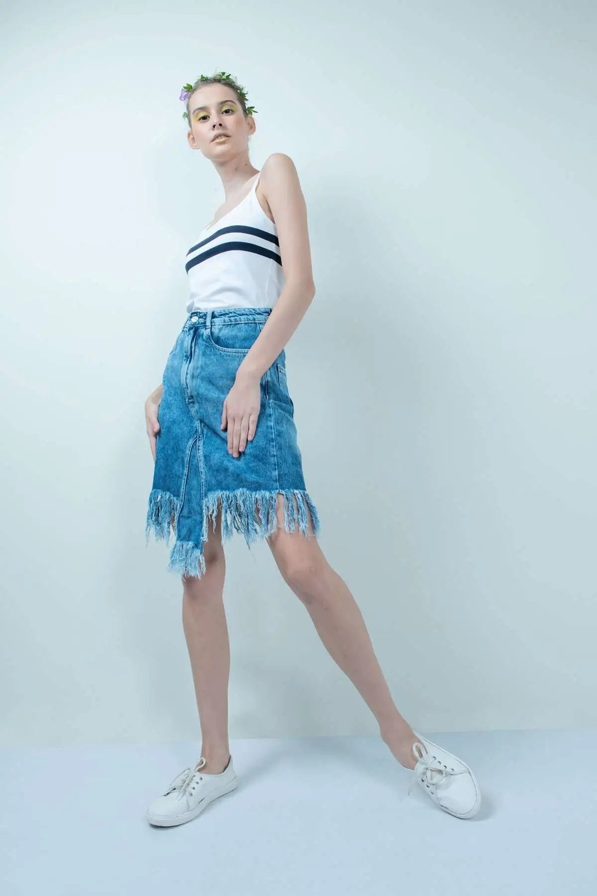 Eco Washed Smokey Blue Denim Skirt With Uneven Hem