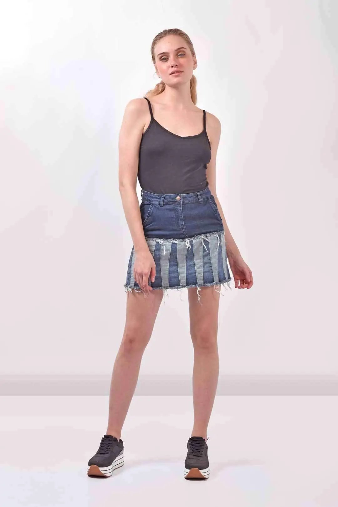 Paneled Denim Dark Blue Skirt