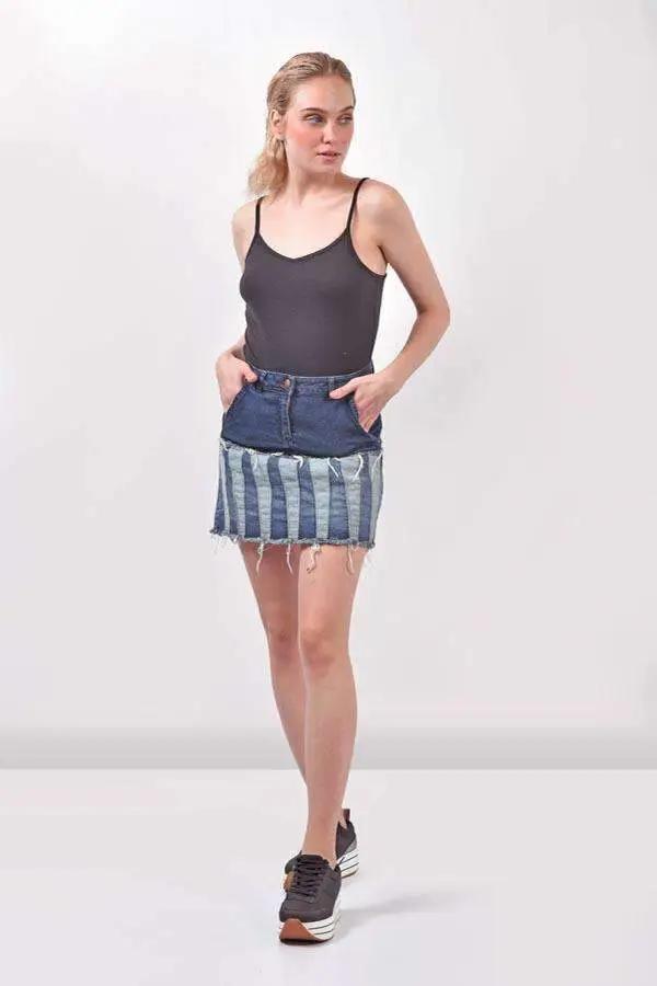 Paneled Denim Dark Blue Skirt
