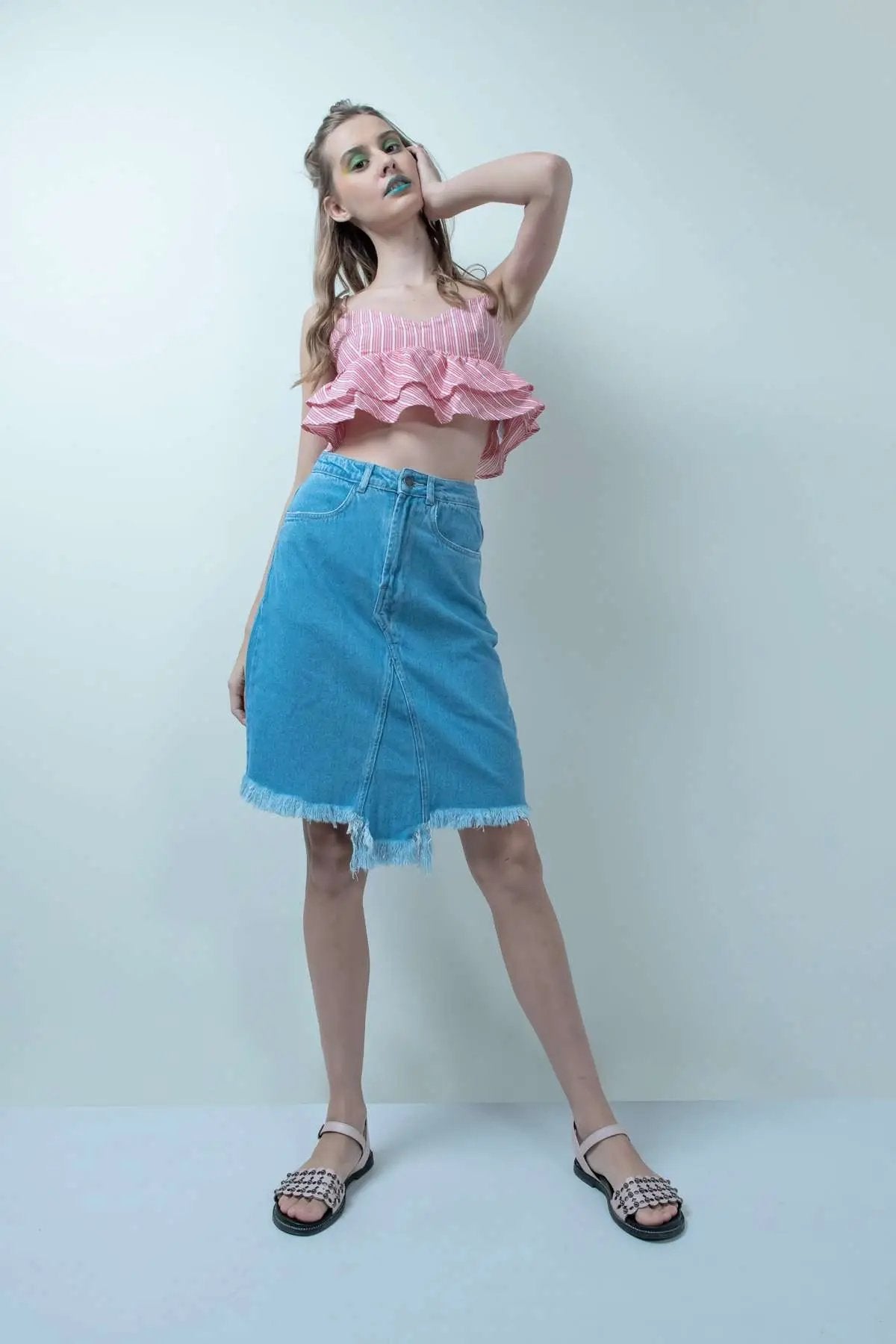 Eco Washed Blue Denim Skirt With Uneven Hem
