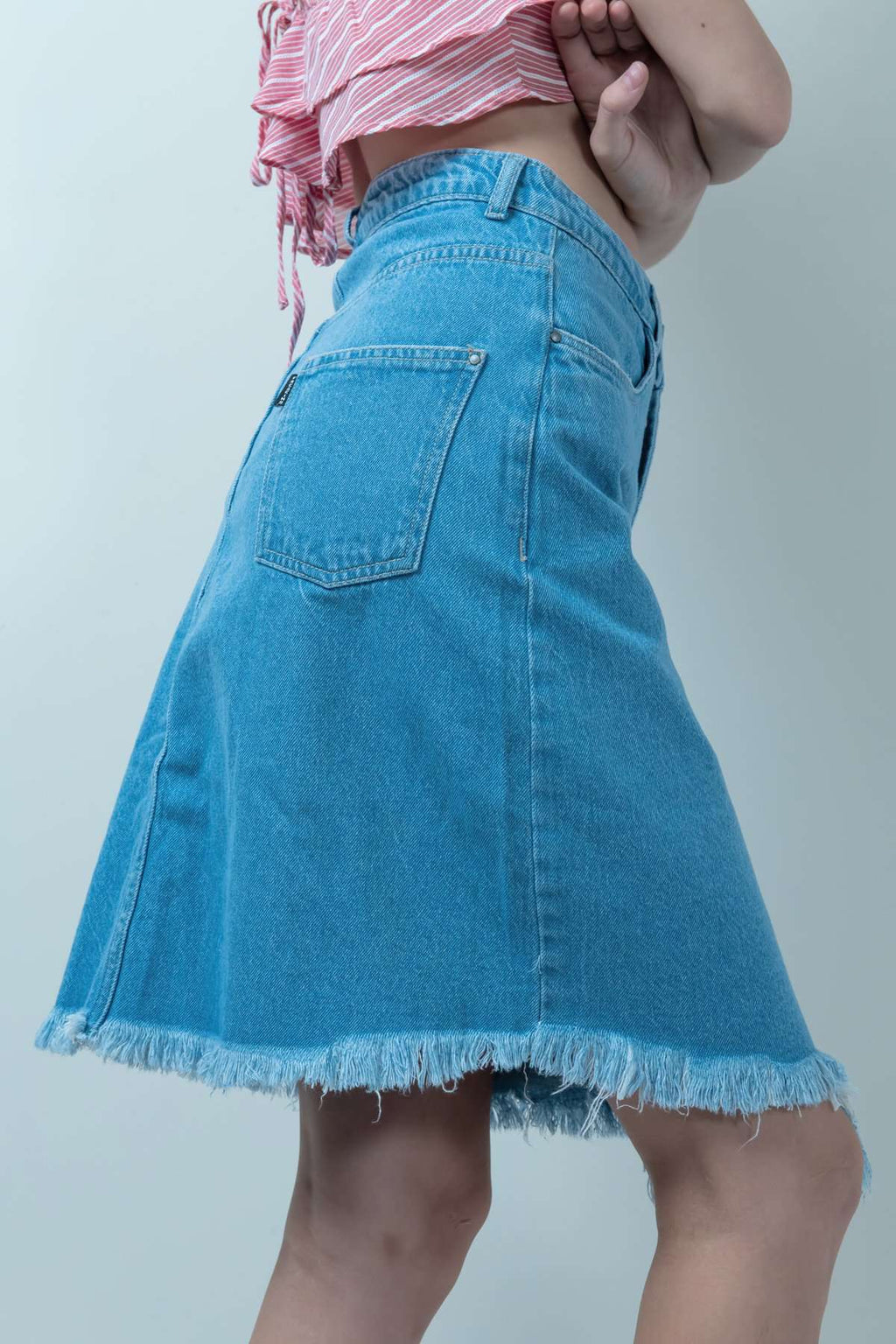 Eco Washed Blue Denim Skirt With Uneven Hem