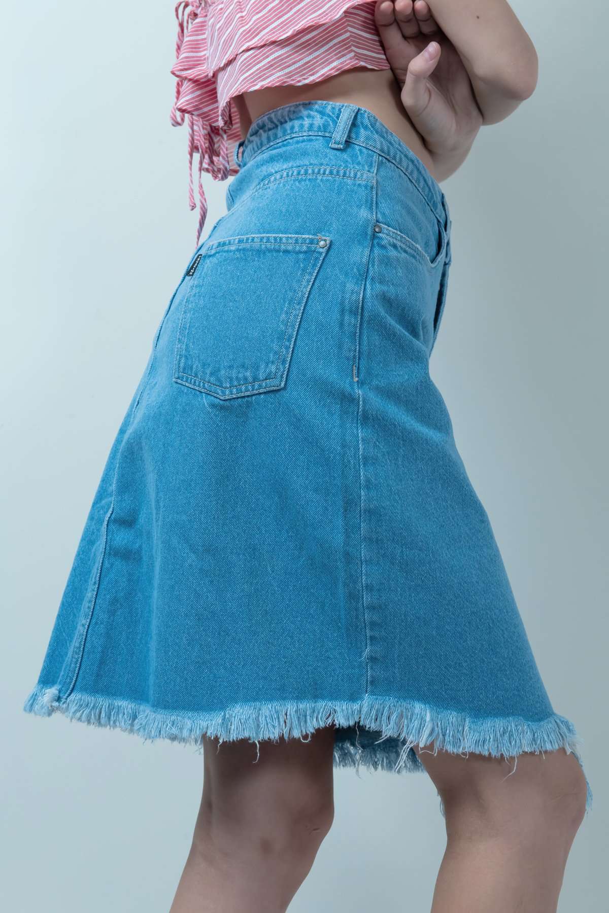 Eco Washed Blue Denim Skirt With Uneven Hem