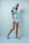 Tie-Dye White-Blue Denim Distressed Hot Shorts