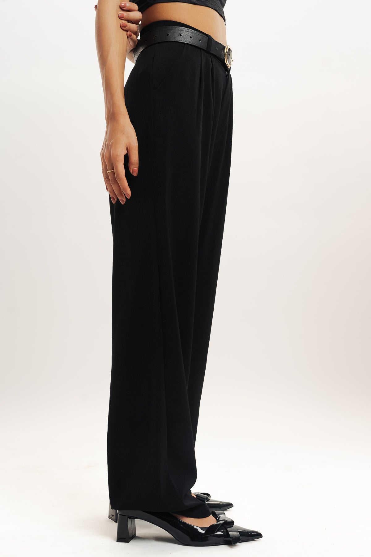 Black Double Pleated Women's Straight Korean Pants