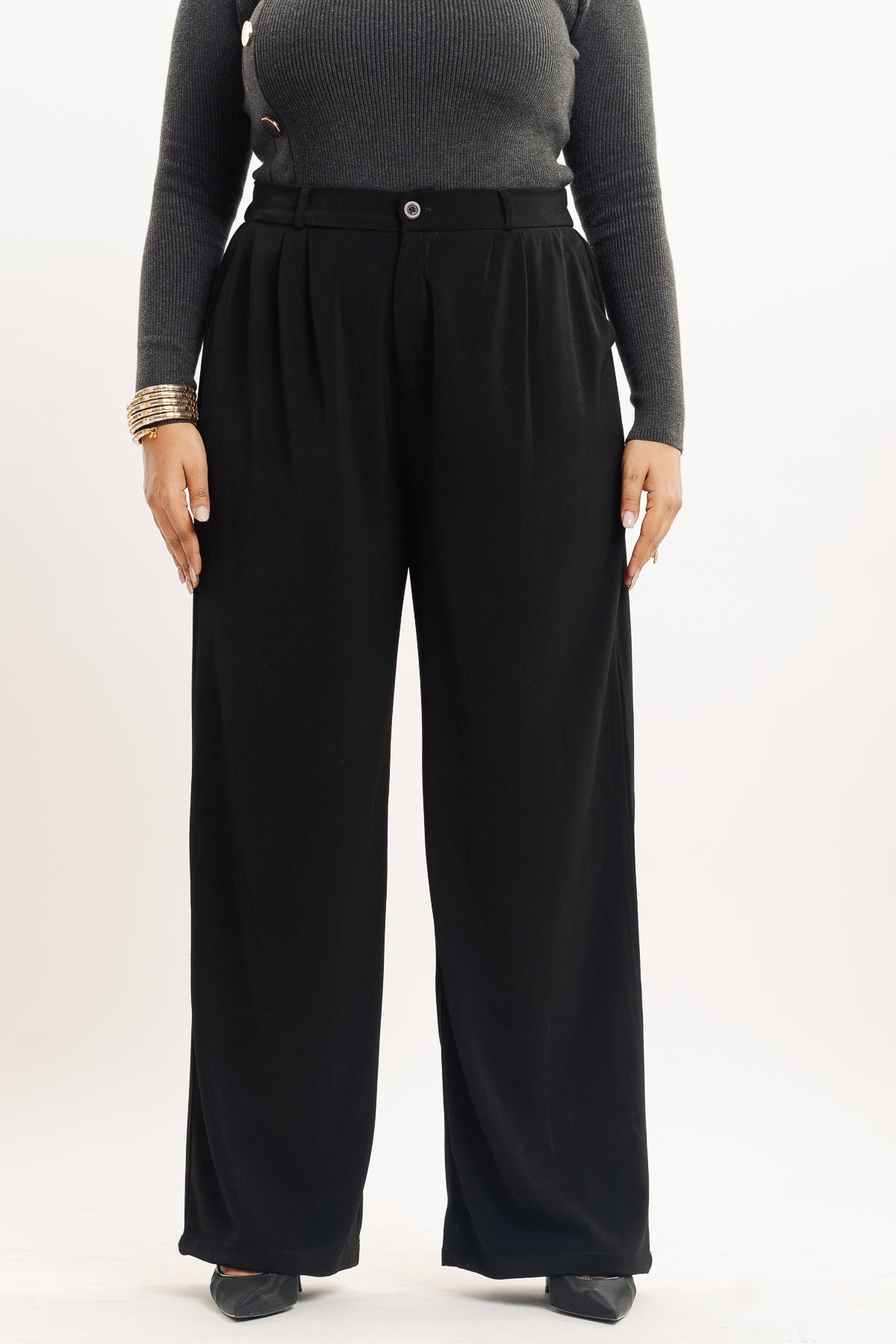 Curve Black Pleated Straight Korean Pants
