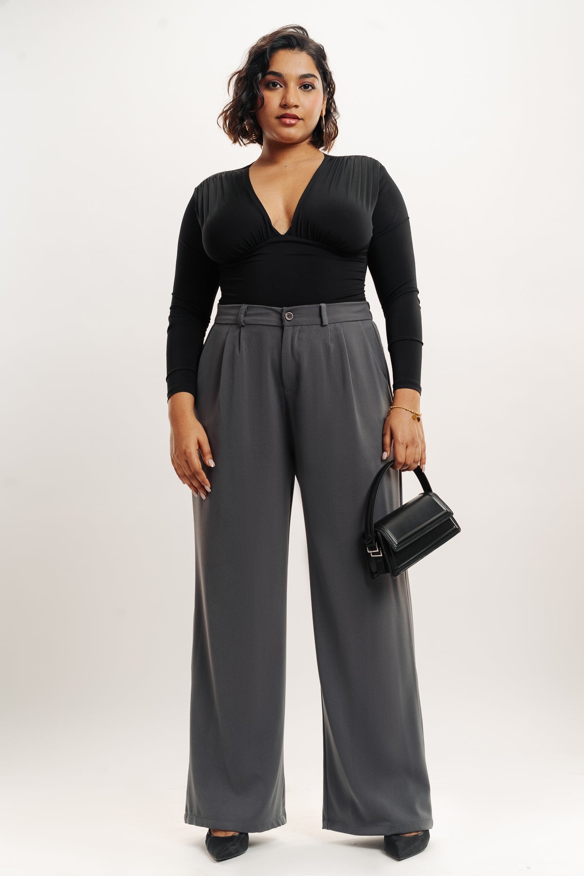 Curve Grey Pleated Wide Korean Pants