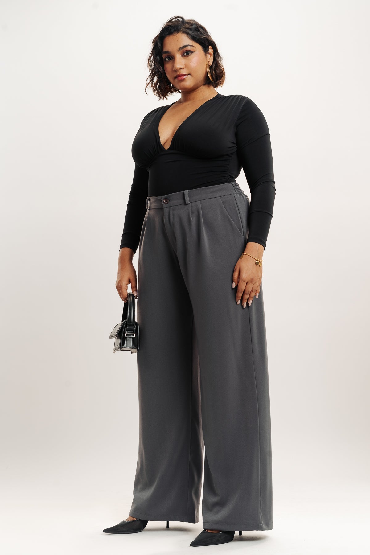 Curve Grey Pleated Wide Korean Pants