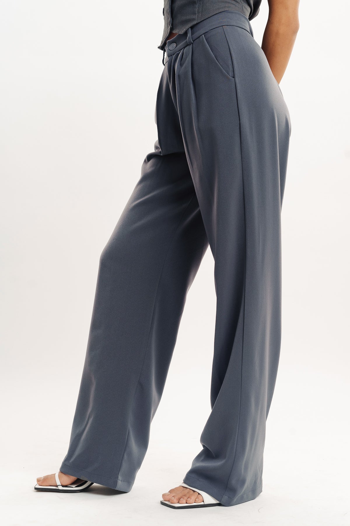 Grey Double Pleated Women's Wide Korean Pants
