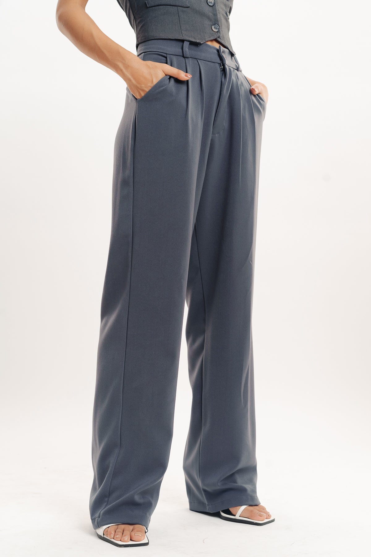 Grey Double Pleated Women's Wide Korean Pants