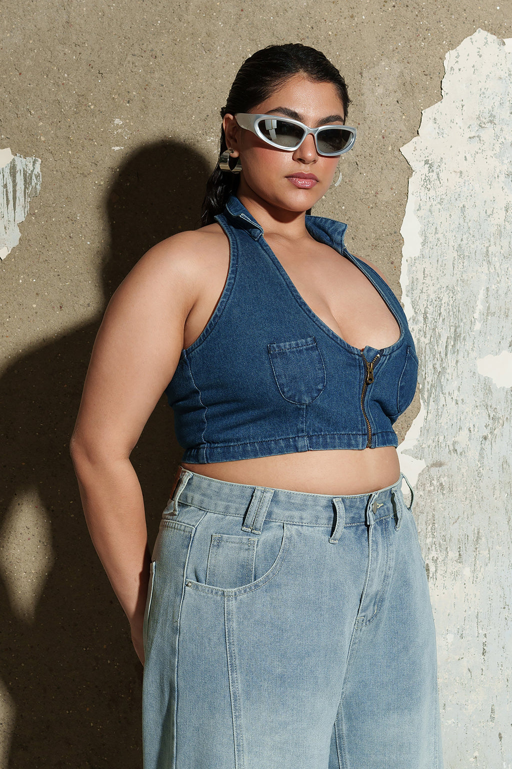 Curve Blue Cropped Denim Halter Top