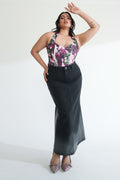 Dark Eclipse Curve Long Straight Denim Skirt