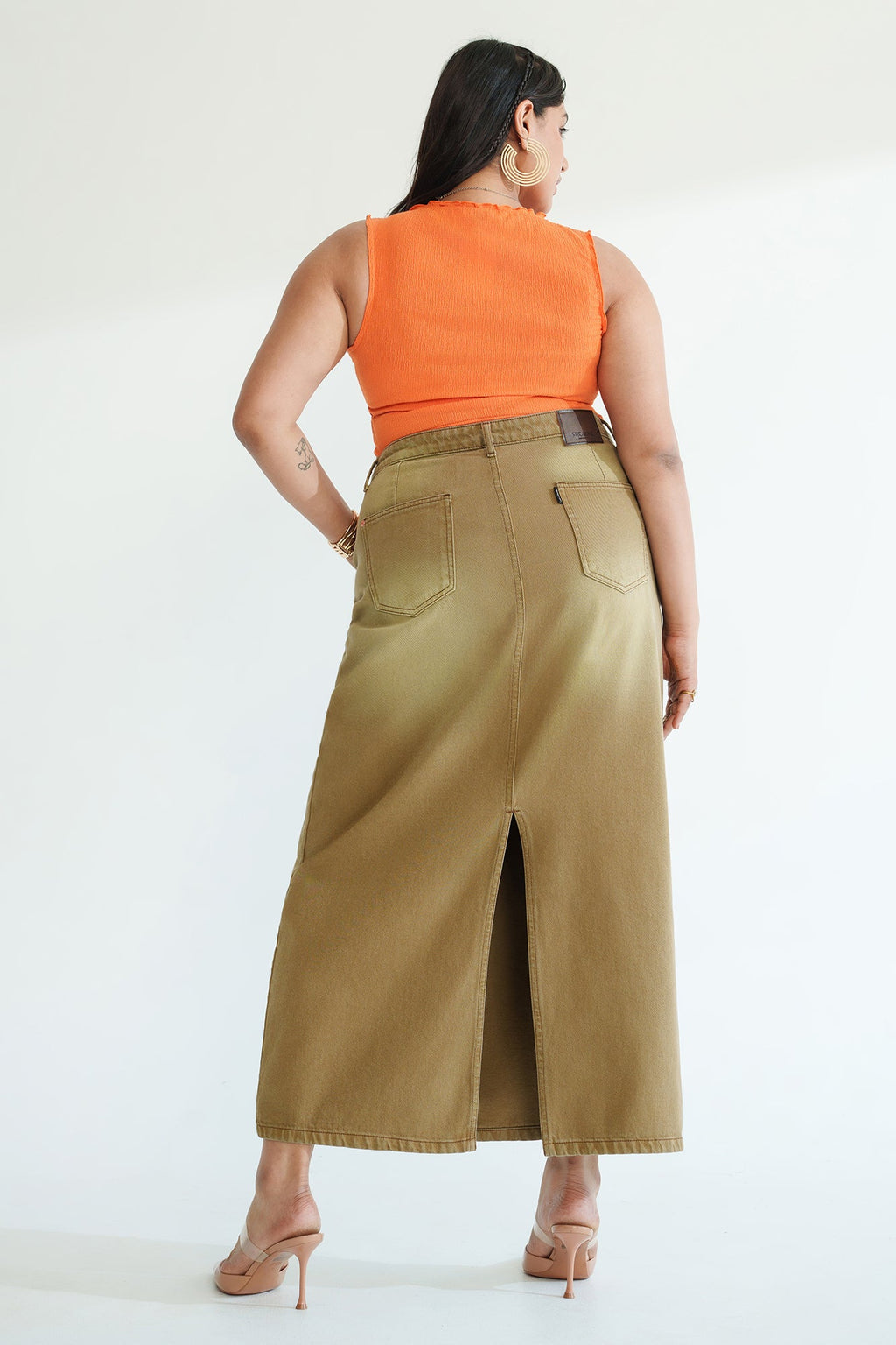Curve Dark Fawn Long Straight Denim Skirt