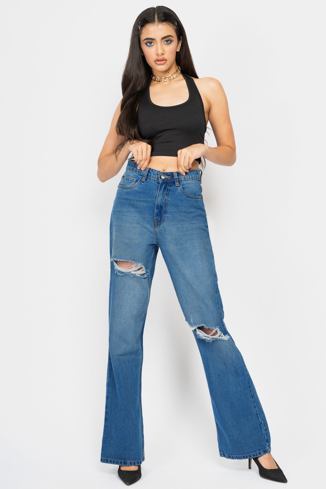 Mid Blue Distress Women's Bootcut Jeans