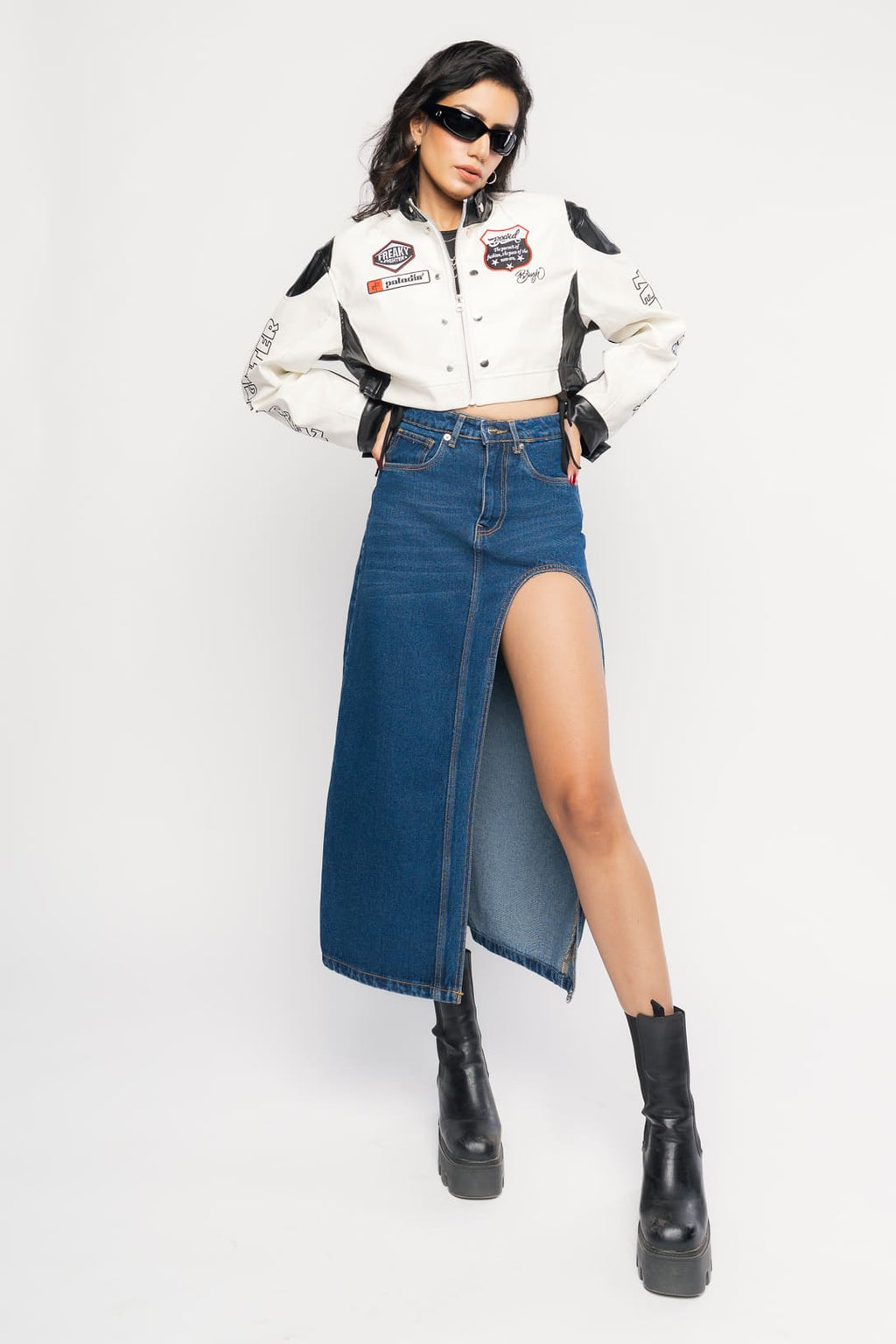 Blue Curved Slit Women's Midi Skirt