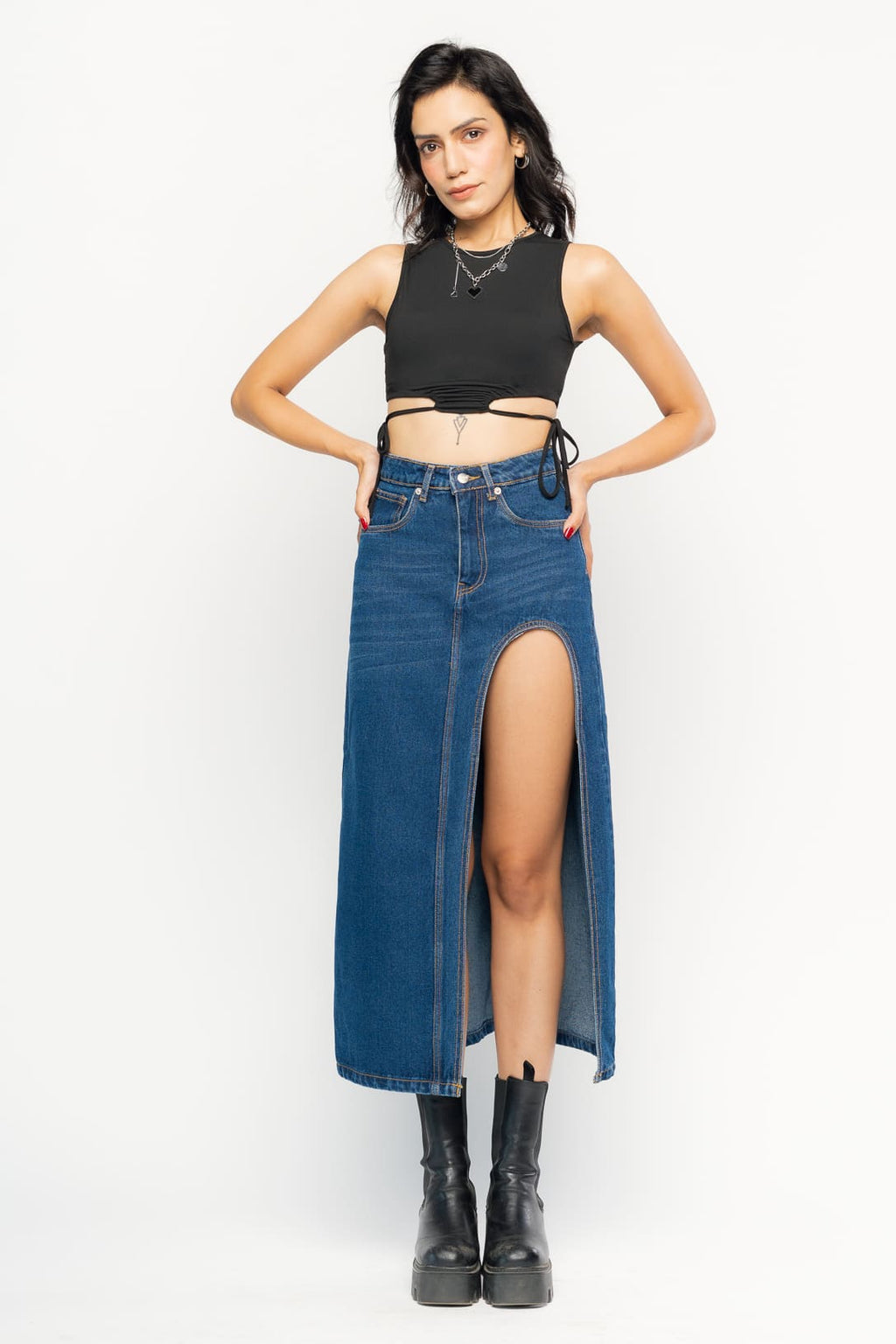 Blue Curved Slit Women's Midi Skirt