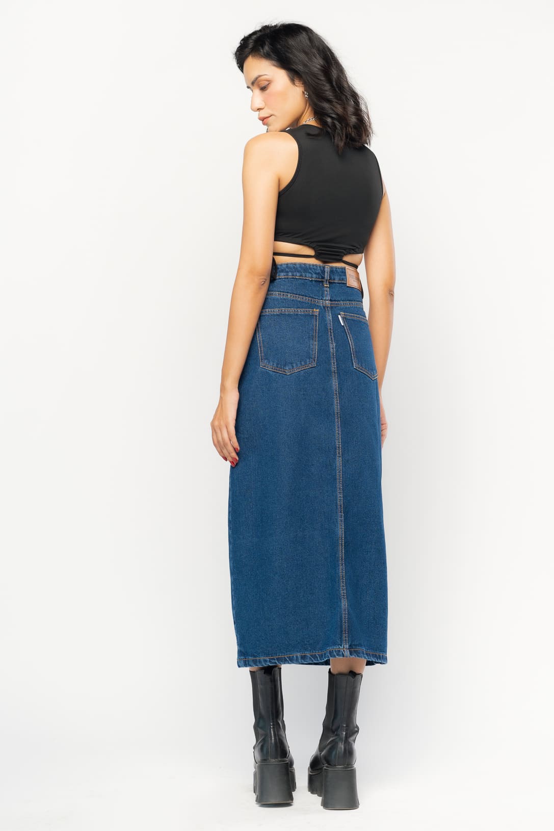 Blue Curved Slit Women's Midi Skirt