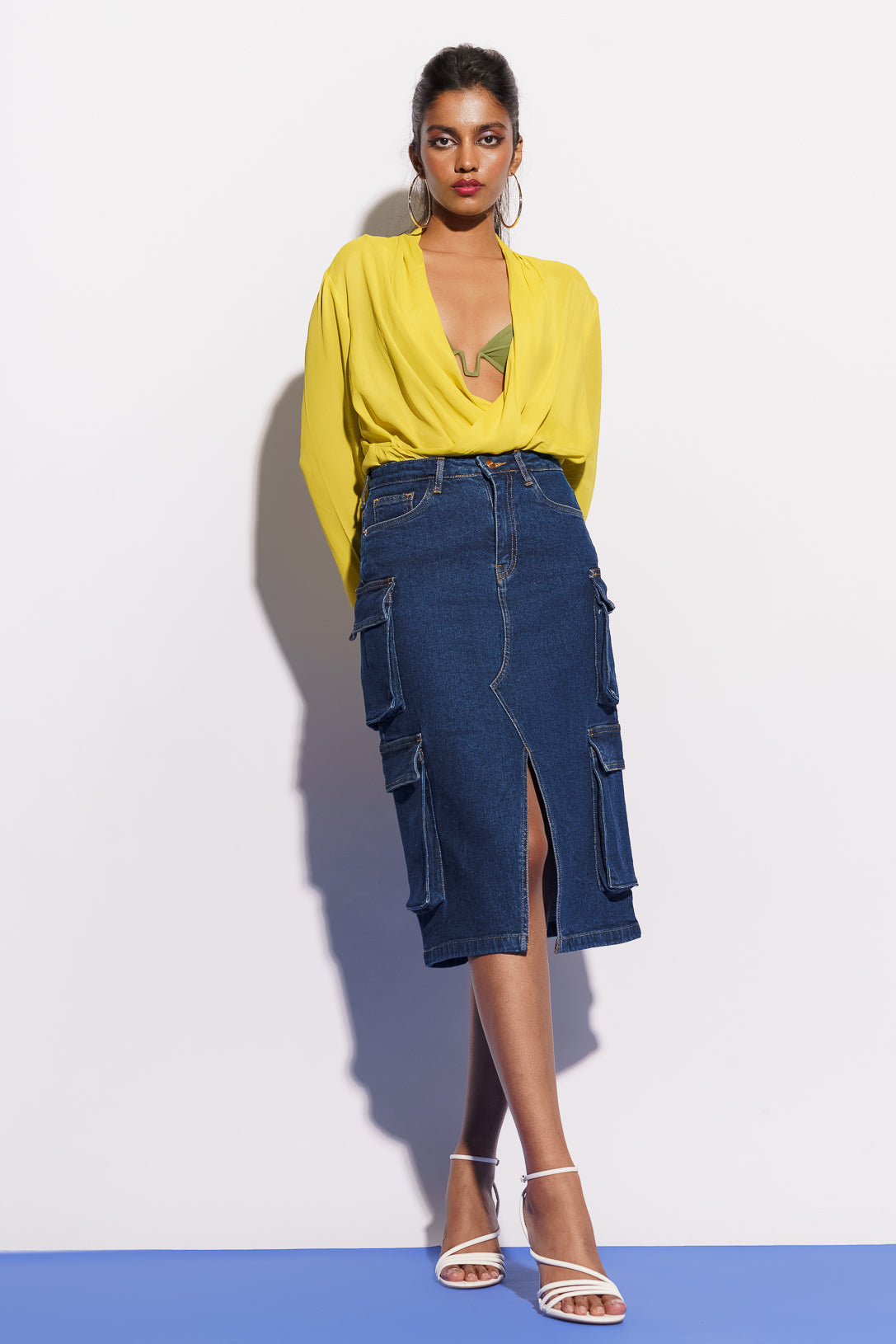 Blue Denim Women's Midi Cargo Bodycon Skirt