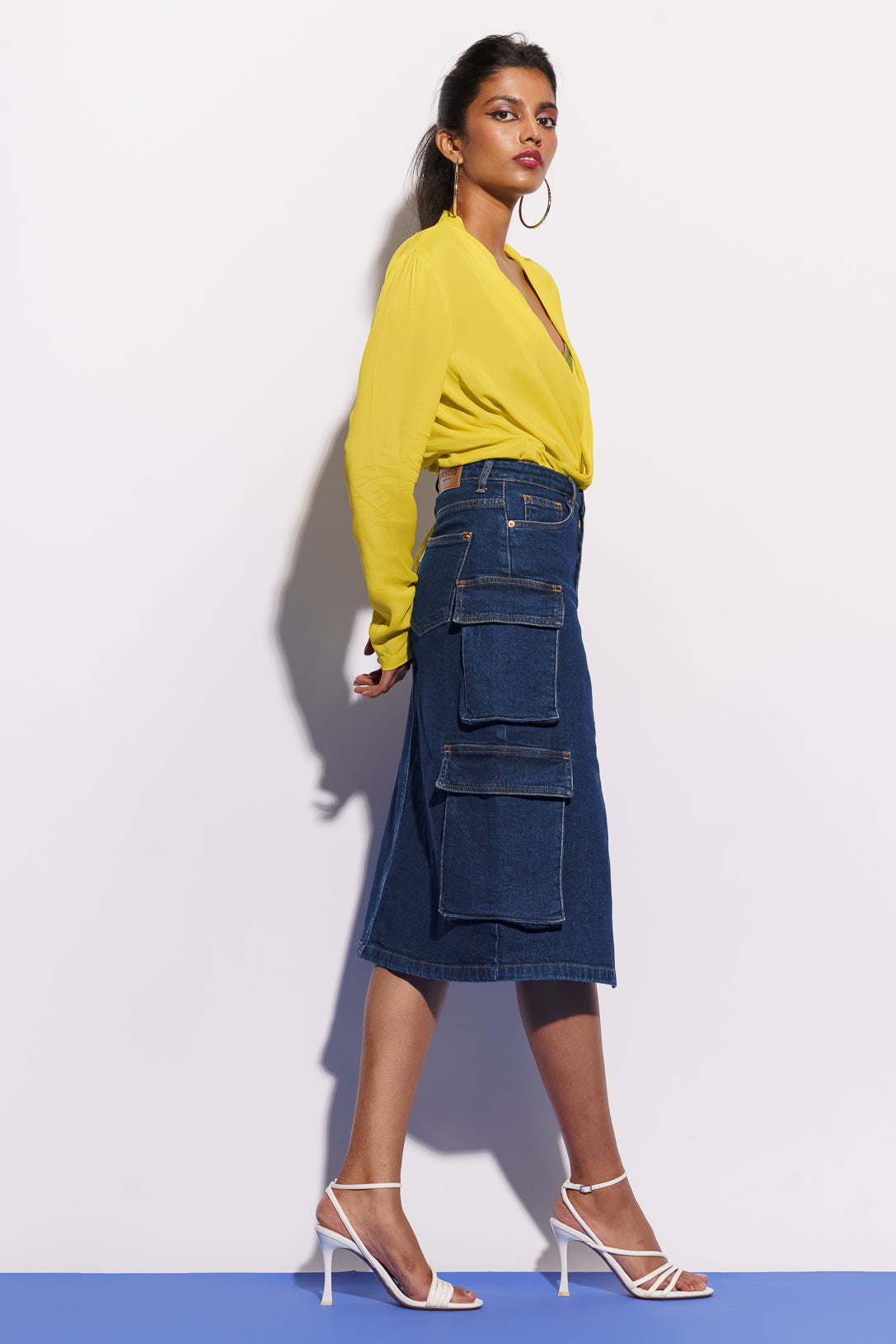 Blue Denim Women's Midi Cargo Bodycon Skirt