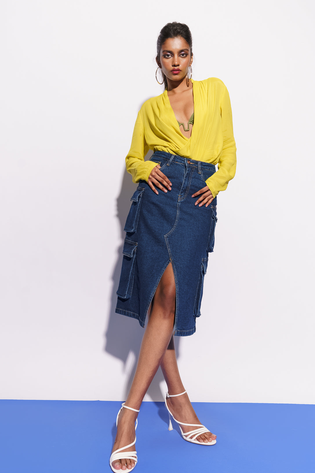 Blue Denim Women's Midi Cargo Bodycon Skirt