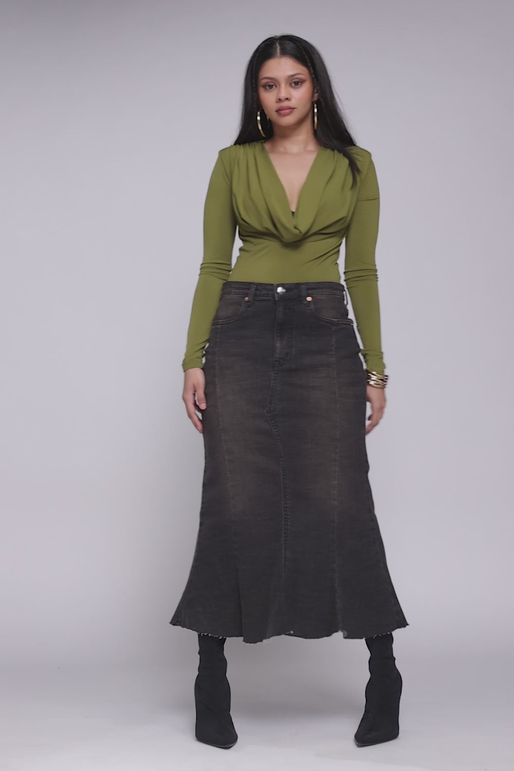 City Black Denim Mermaid Midi Skirt