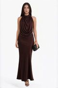 Chocolate Solid Cowl Neck Maxi Dress