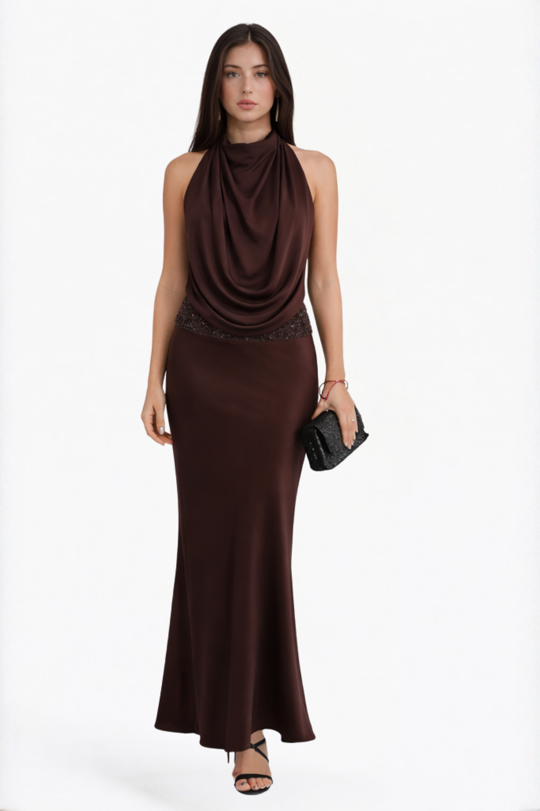 Chocolate Solid Cowl Neck Maxi Dress