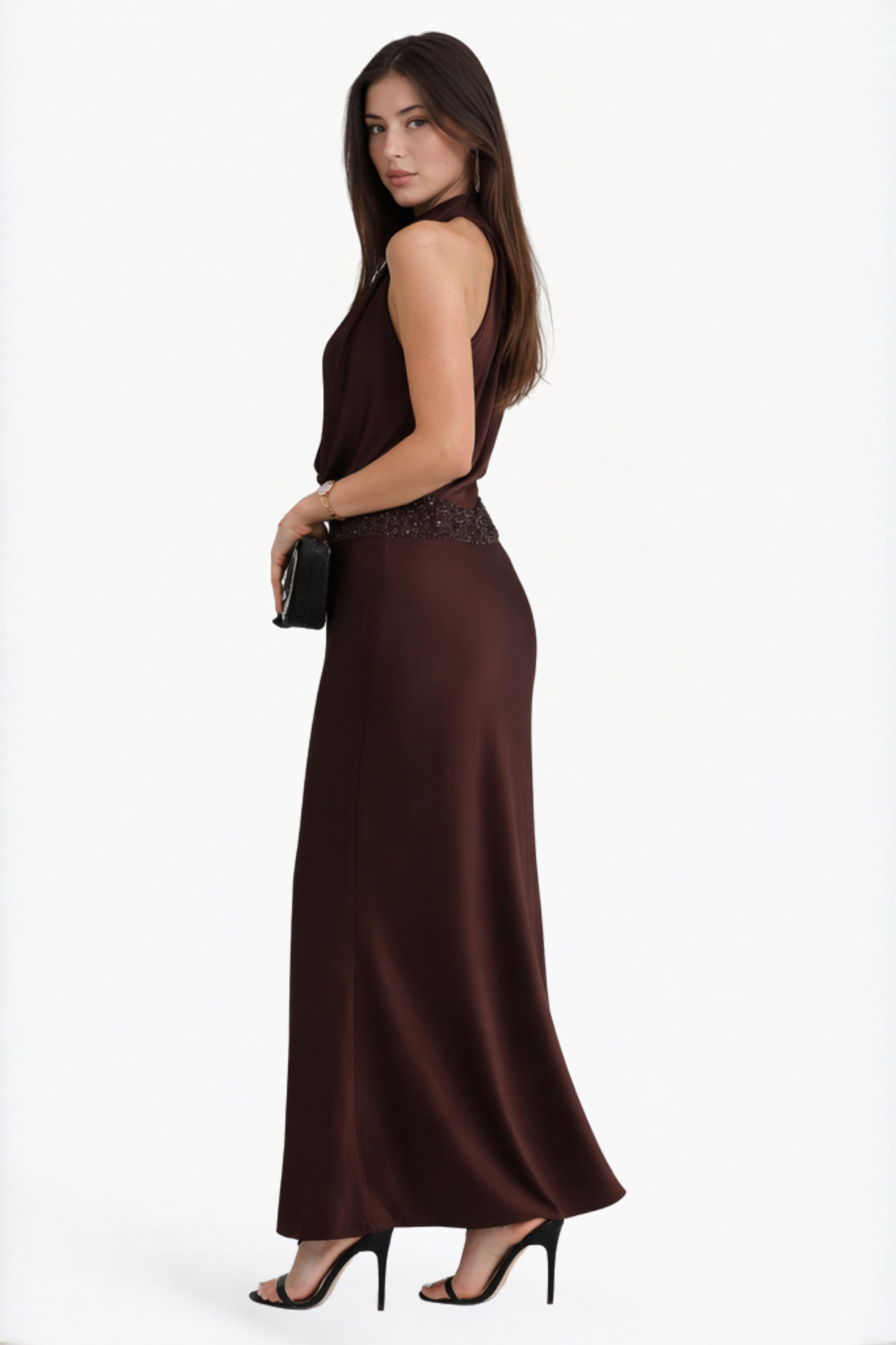 Chocolate Solid Cowl Neck Maxi Dress