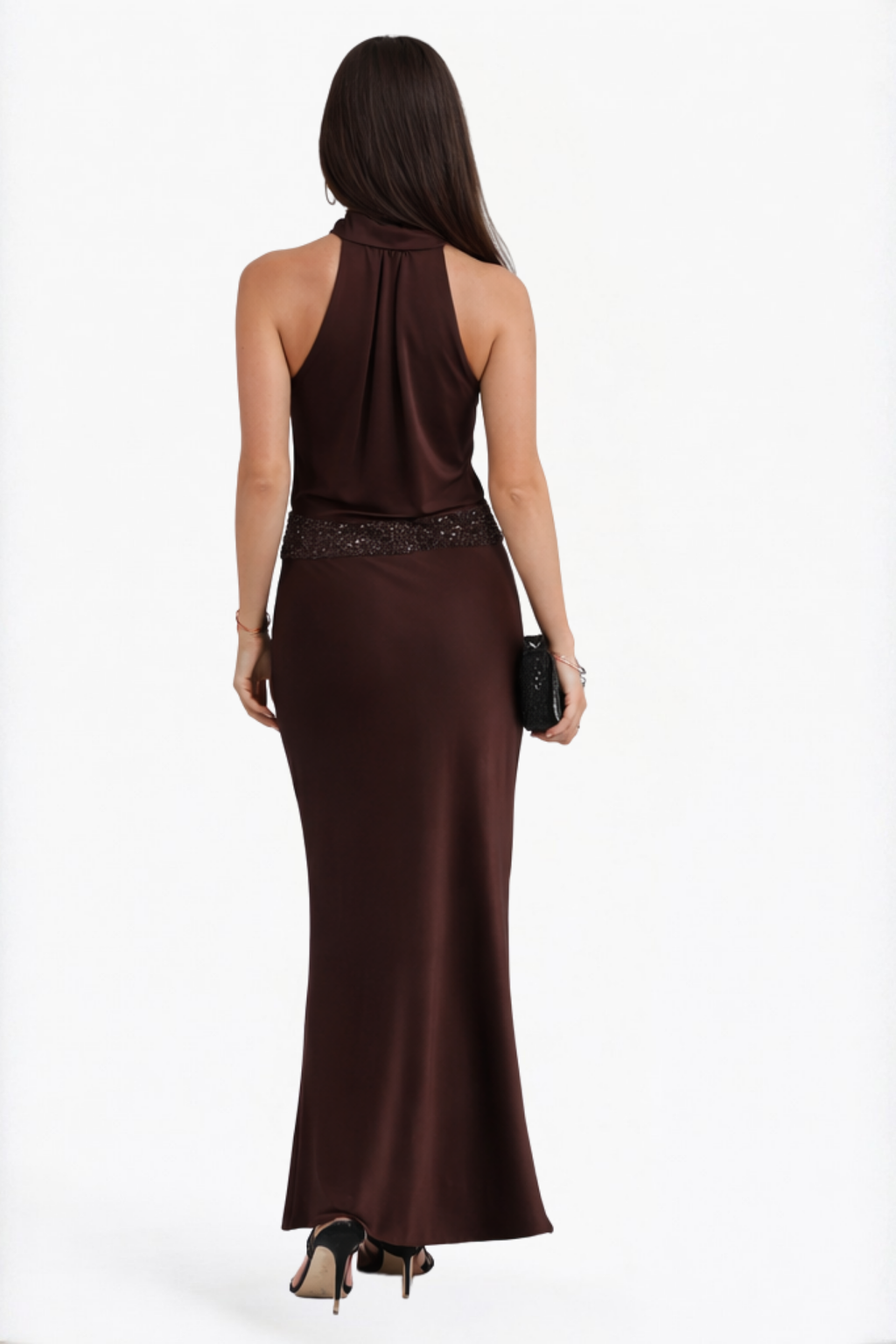 Chocolate Solid Cowl Neck Maxi Dress