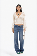 Cream Solid Lace-Up Corset Waist Blouse