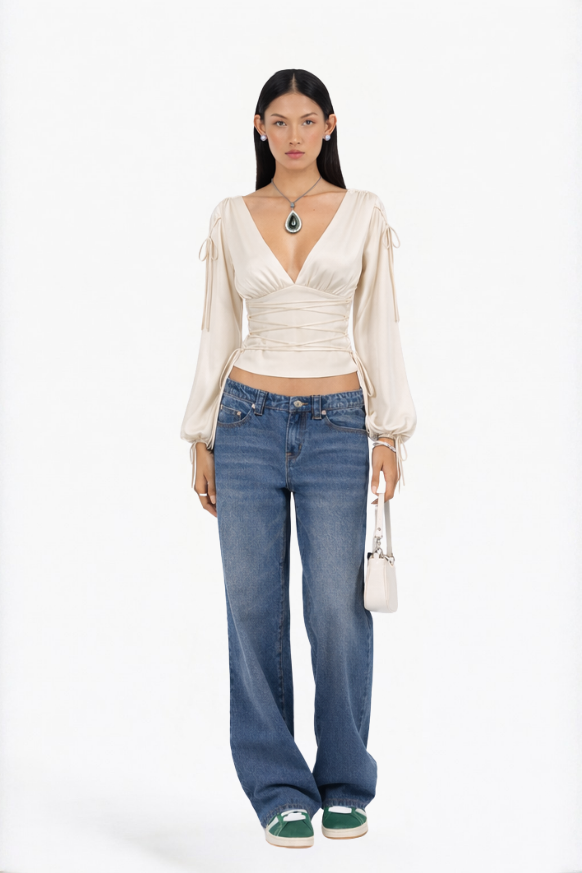 Cream Solid Lace-Up Corset Waist Blouse