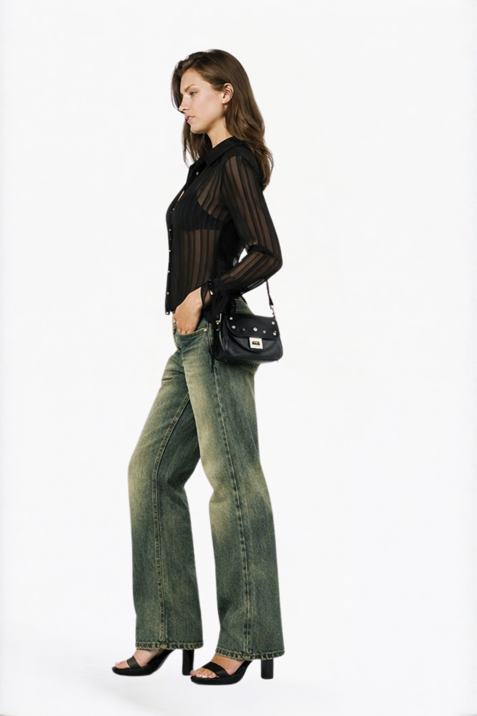 Black Striped Sheer Button-Up Shirt Blouse