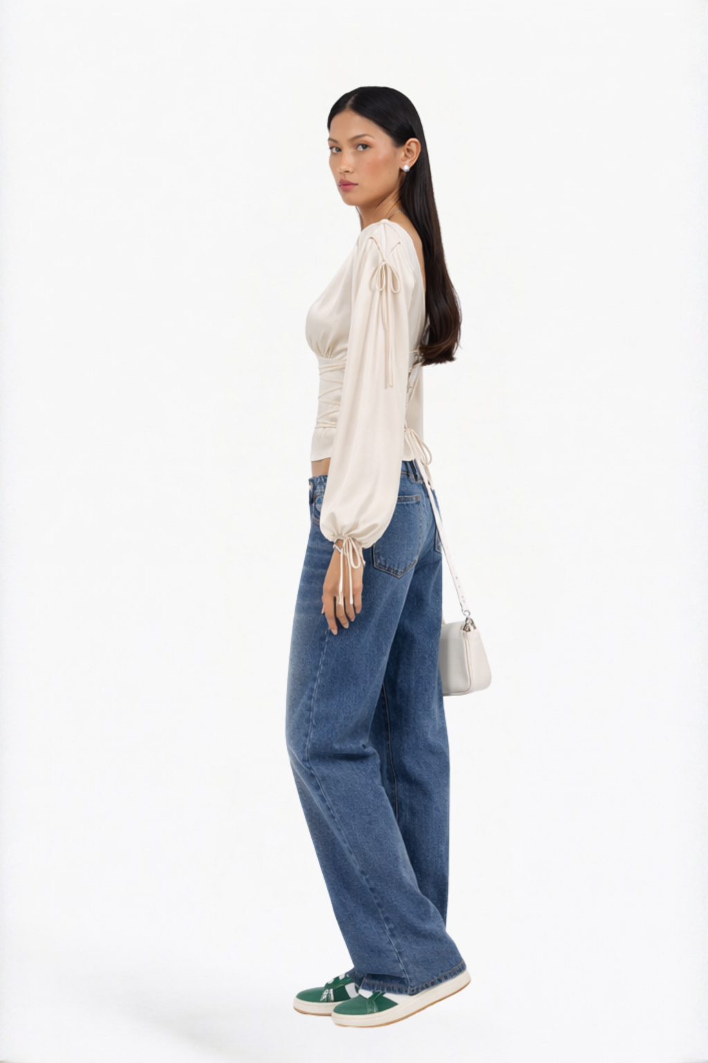 Cream Solid Lace-Up Corset Waist Blouse
