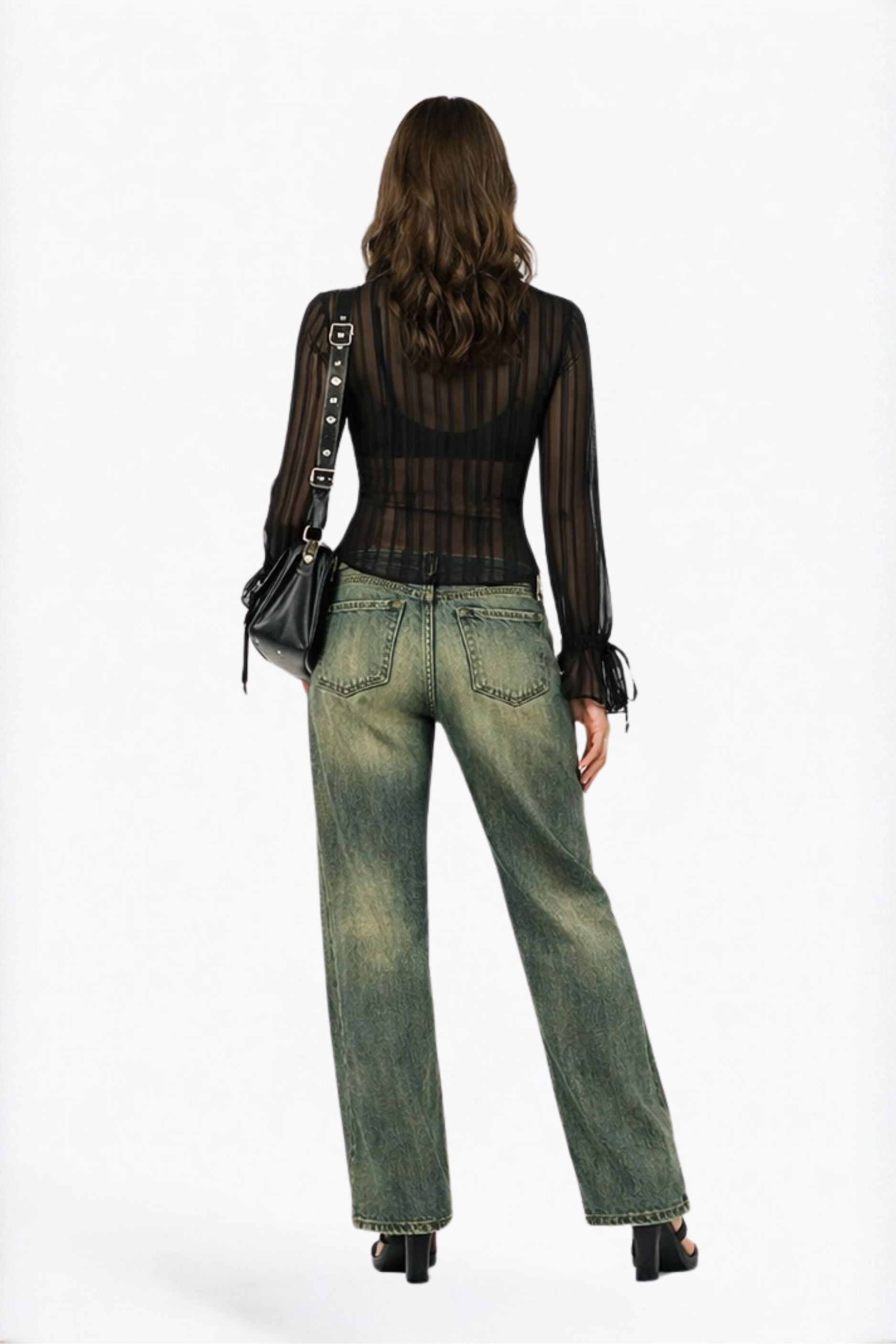 Black Striped Sheer Button-Up Shirt Blouse