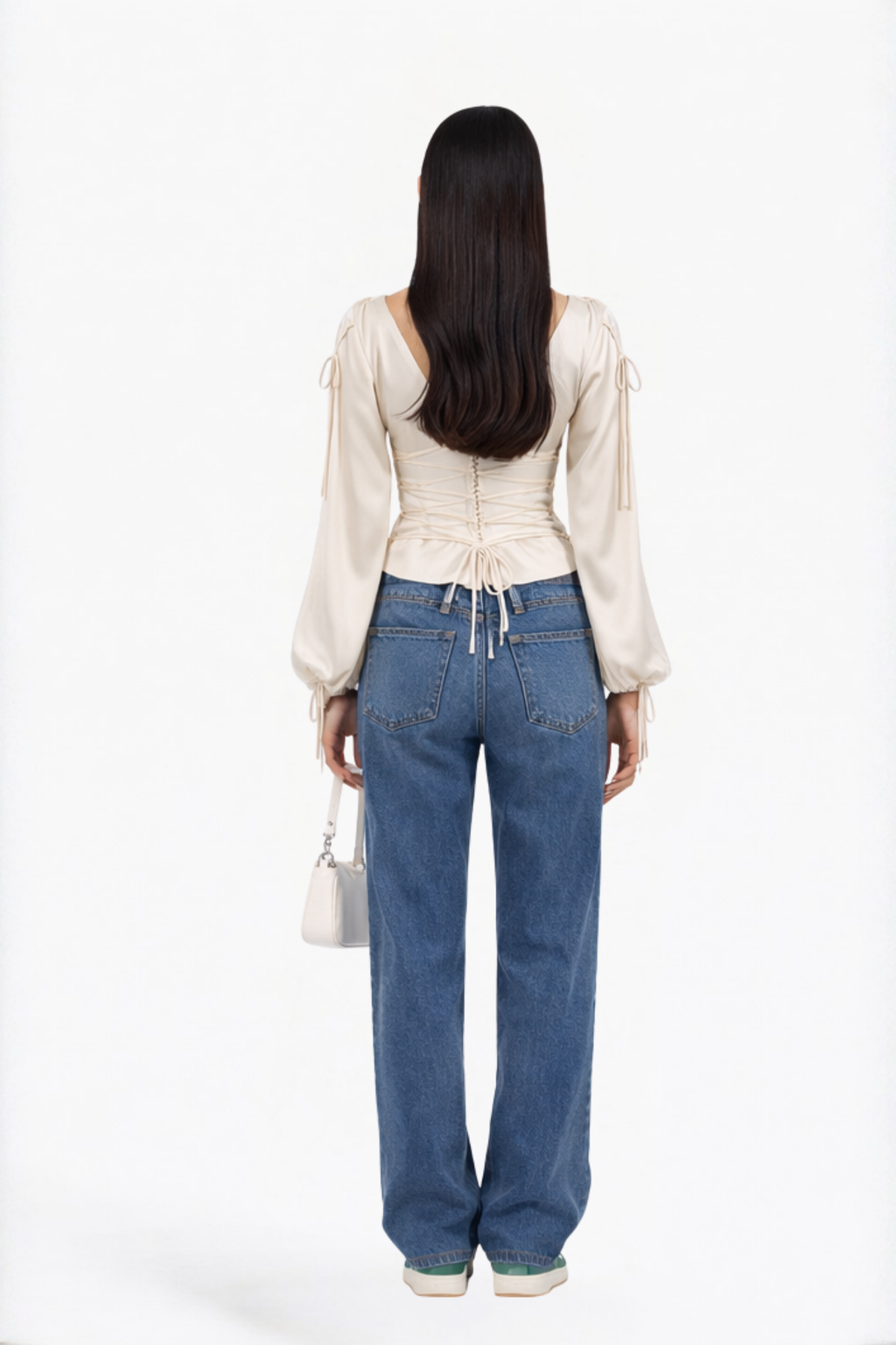 Cream Solid Lace-Up Corset Waist Blouse