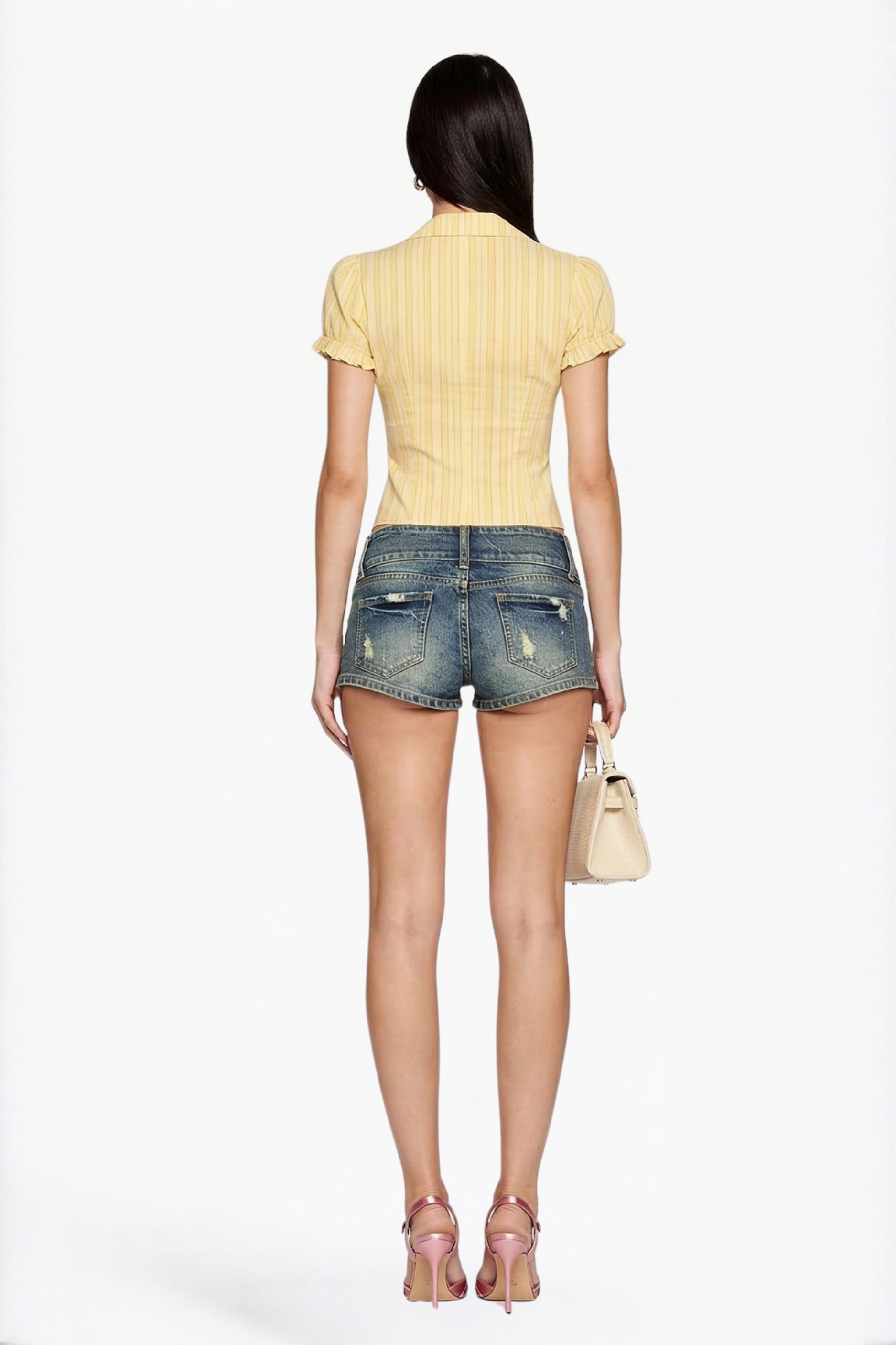 Yellow Striped V-Neck Hook-Front Top Blouse