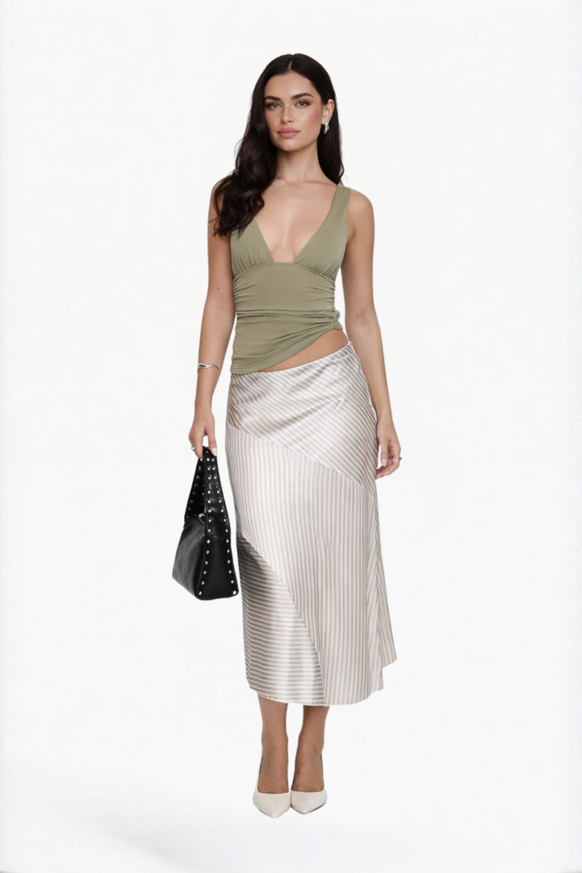 Asymmetric Striped Satin Skirt